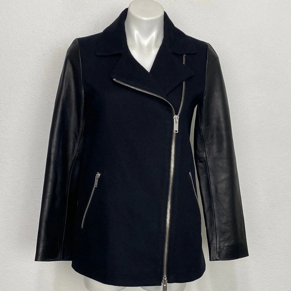 GAP Black Biker 100% Leather Sleeves Goth Long Length Edgy Moto Jacket Size S